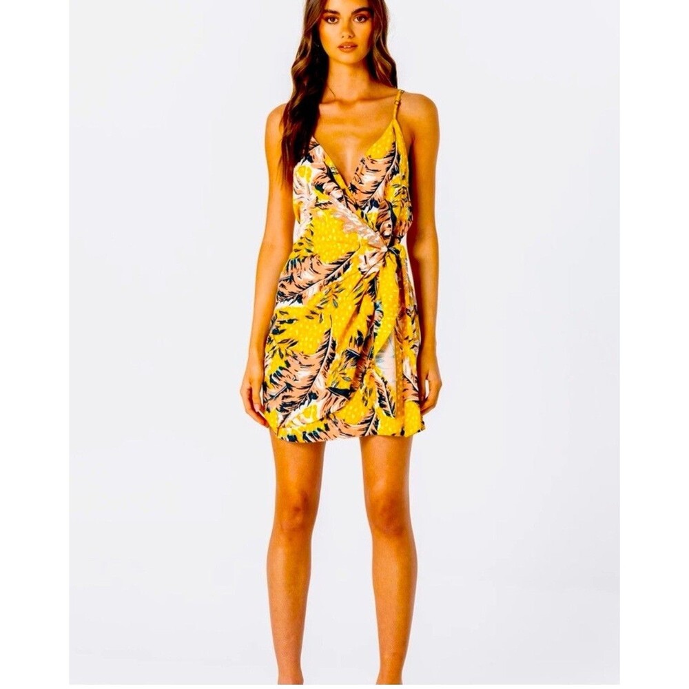 Lé Salty Label Havana Tie Front Mini Dress Women’s Size S Yellow Boho Coastal